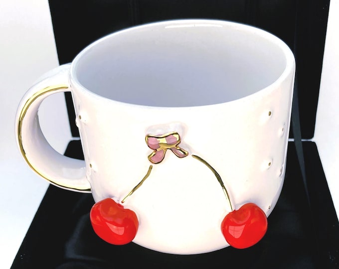 Velvet Box Cherry Mug: 24K Gold Accents, Luxury Coffee Cup