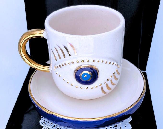 Velvet Box Gold Mug Gift Mug Luxury Mug, Gold Evil Eye Coffee Mug Evil Eye Cup, Gold Handle Mug Luxury Coffee Gold Tea Nazar Good Luck Mug