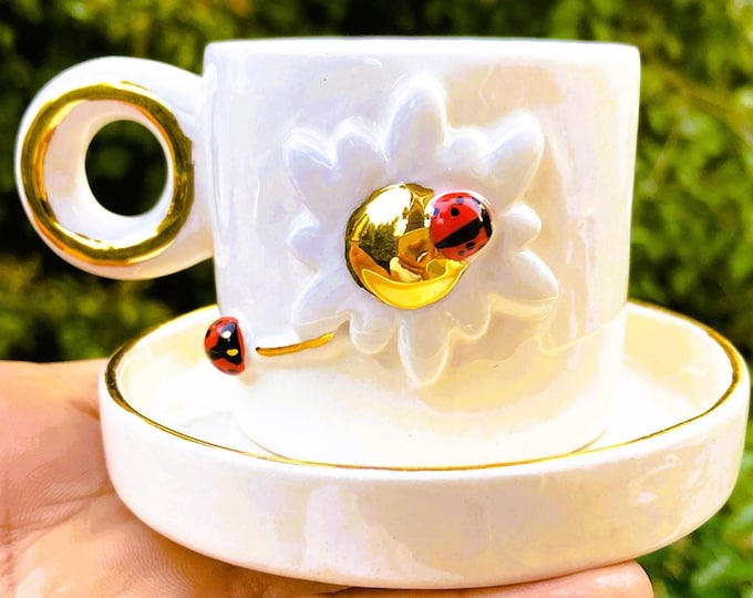 Gold Mug Ladybug Gift Luxury Mug Gold Coffee 24K Gold Handle Luxury Coffee Gold Tea Luxury Gift Mug Housewarming Handmade Gold Rim Cup