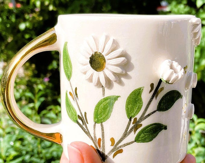Gold Mug Floral Daisy Gift Mug, Luxury Mug Gold Coffee Mug 24 K Gold Handle Flower Cup, Luxury Coffee Gold Tea Housewarming Mug, 11 fl oz