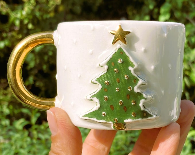 Christmas Mug, christmas tree mug, pine tree mug, tree mug, handmade mug, christmas, evil eye mug, 24k gold mug, gold mug, christmas gift