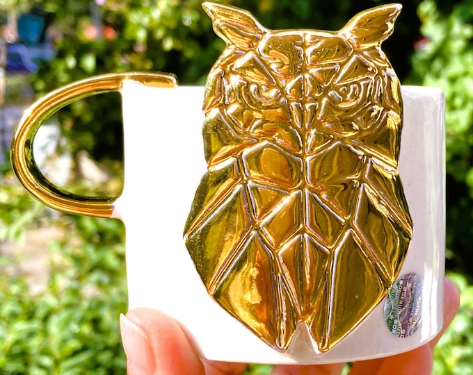 Gold Mug Owl Mug Gift Mug, Luxury Mug Gold Coffee Cup 24 K Gold Handle, Luxury Coffee Gold Tea Housewarming Handmade Mug