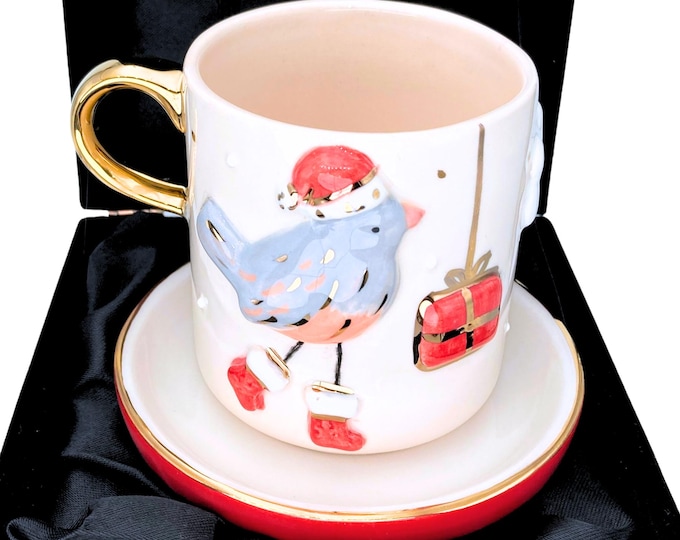 24k Gold Santa Mug: Handmade Christmas Coffee Cup in Velvet Gift Box