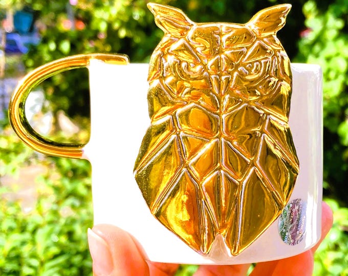 24K Gold Owl Mug: Handmade Ceramic Coffee Cup, 8 fl oz