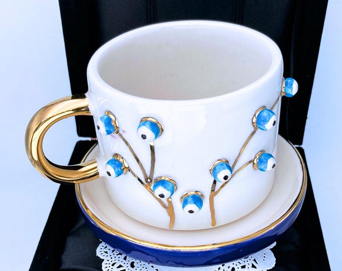Premium Evil Eye Tree of Life Mug with Gold Handle Unique Coffee Mug Elegant Boho Gift Mug Ready to Ship Velvet Box Evil Eye Mug with Saucer