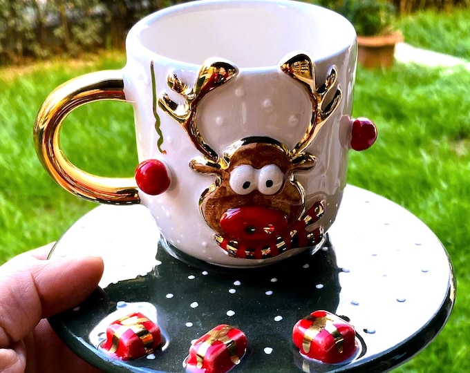 Christmas Mug Reindeer Coffee Mug with Gift Box on Green Saucer • Handmade Ceramic Holiday Deer Cup with 24k Gold Accents • Festive Gift