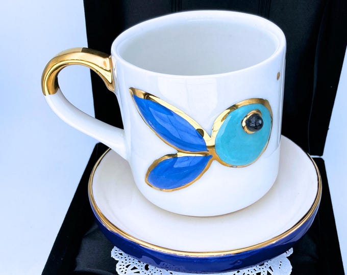 Handmade Ceramic Fish Coffee Mug with 24K Gold Accents - Velvet Gift Box, 10 oz