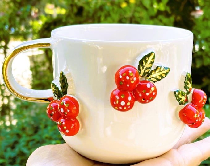 Butcher's Broom Mug, Gold Christmas Coffee Mug, Flower Holiday Handmade Cute Gift, Butcher's Cup, 10 fl oz