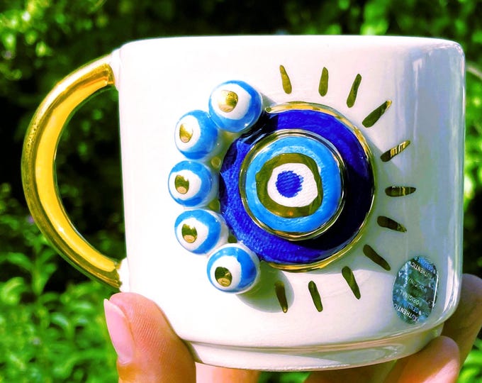 Gold mug evil eye handmade ceramic coffee cup, 24k gold mug luxury gift with gold handle, ready to ship