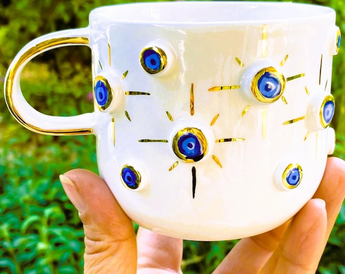 Gold Mug Gift Mug Luxury Mug Gold Coffee Mug Evil Eye Cup Housewarming Good Luck Protection Mug, 10 fl oz