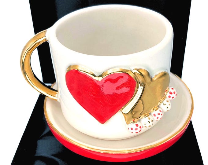 Handmade Gold Heart Mug & Saucer: 24k Romantic Coffee Cup, Velvet Gift Box