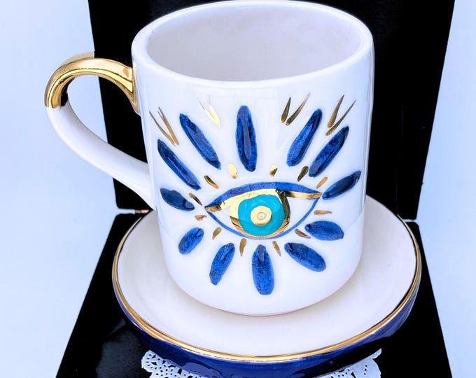 Velvet Box Evil Eye Mug, Evil Eye Cup Gold Evil Eye Coffee Mug, Gold Mug Evil Eye Coffee Cup, Eye Mug elegant mug, luxury mug gift mug 10 oz