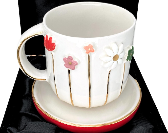 Handmade Floral Initial Mug: 24K Gold Ceramic Coffee Cup, 16 oz