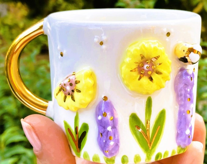 Gold Mug Daisy Mug Gift Mug Luxury Mug Gold Coffee Mug Gold Handle Mug Flower Floral Spring Cottagecore Mom Gift Daisy Cup, 7 fl oz