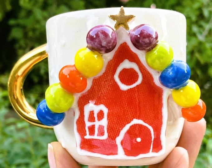 Gingerbread mug Christmas cookie cup festive gold holiday coffee gift housewarming novelty cocoa mug, 5 fl oz