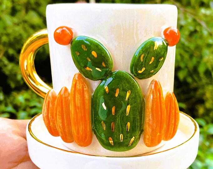 Cactus Mug Handmade Ceramic Cup with 24k Gold Accents Cute Succulent Plant Lover Gift Small Coffee Mug, 5 fl oz