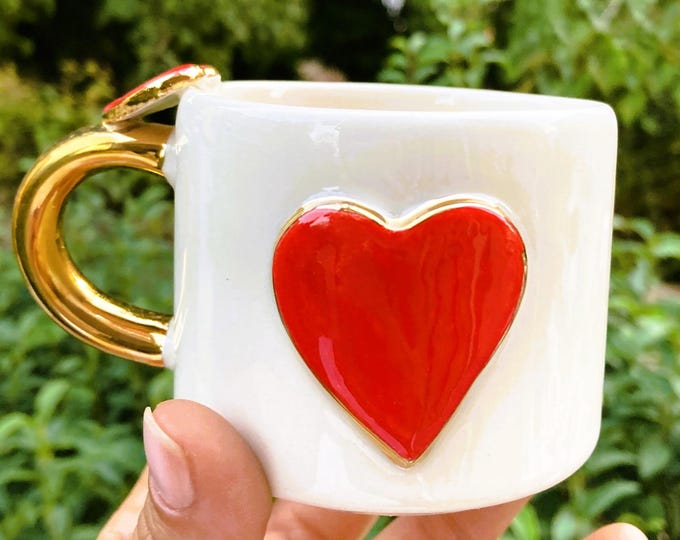 Gold Heart Mug 24k Handmade Love Cup | Romantic Valentines Coffee Mug | Cute Wedding & Anniversary Gift 5.4 oz