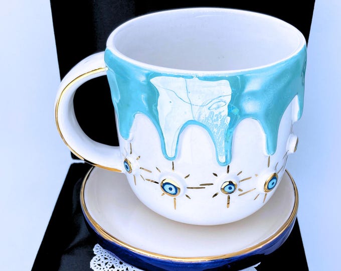 Handmade evil eye gift mug with saucer 16 oz luxury mug premium evil eye coffee mug gold mug elegant mug, fancy coffee mug, unique gift mug