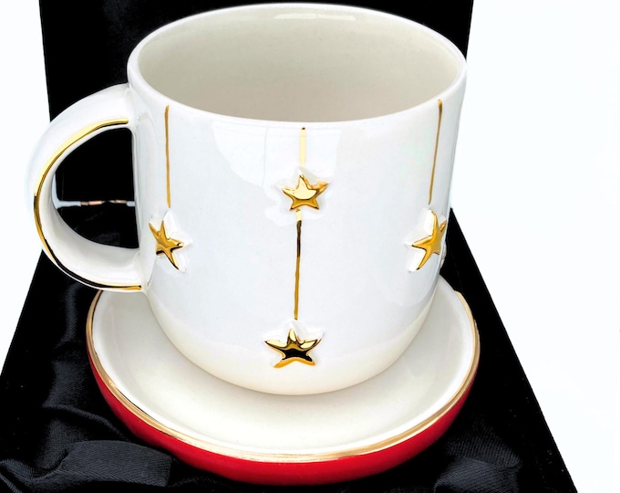 Gold Star Mug: Handmade Ceramic Coffee Cup with 24K Gold Handle, 16 oz
