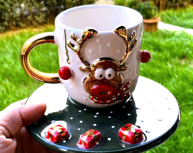 Handmade Christmas Reindeer Mug Saucer • Gold Handle Ceramic Holiday Cup • Festive Gift
