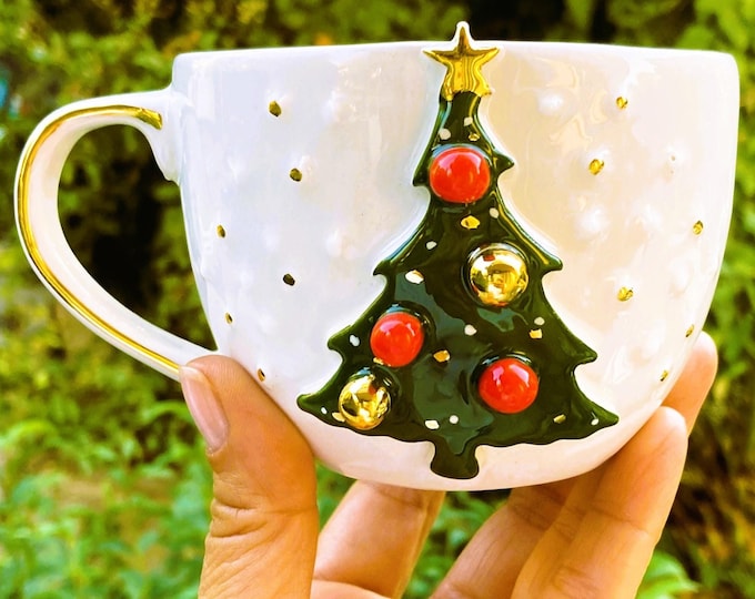 Christmas mug gold 12 oz handmade santa coffee cup - Festive holiday gift luxury christmas tree mug, 35JCHT1