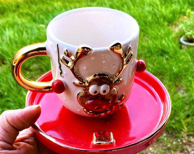 Handmade Christmas Reindeer Mug with Saucer: 24k Gold Ceramic Holiday Cup
