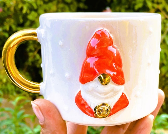 Gnome Mug 24 K Gold Christmas Gift – Cute Santa Helper Cup, Festive Holiday Coffee Mug, Merry Winter Gnome, 10 fl oz