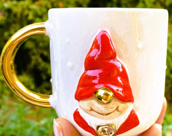 Gnome Mug • 24k Gold Christmas Coffee Cup • Cute Festive Holiday Gift Winter Gnome Cup, 7 fl oz