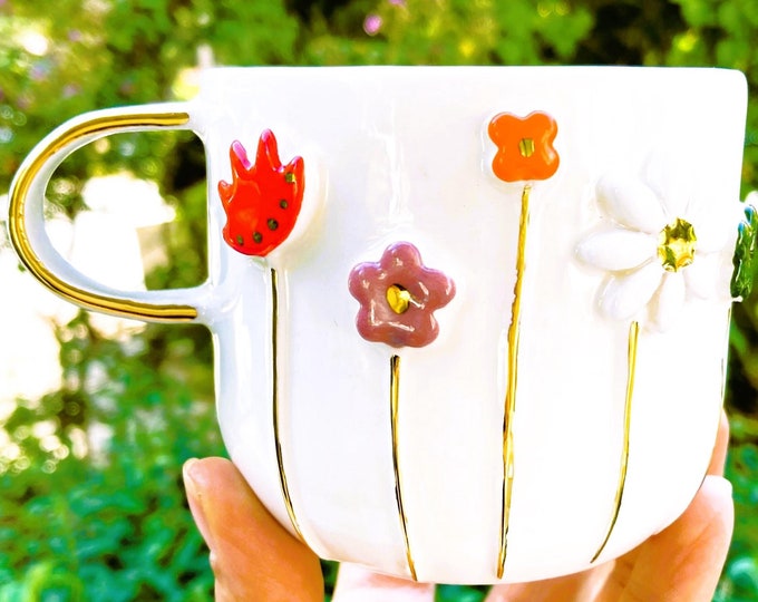Flower Mug Floral Mug Colorful Coffee Mug Handmade Gold Mug Ceramic Gold Cup Vibrant Art Mug Painterly Floral Gift, 10 fl oz