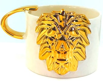 Handmade Lion Mug: 24K Gold Ceramic Coffee Cup, 8 oz
