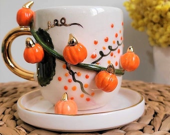 Halloween Gifts: Handmade Halloween Mug with Saucer | 24K Gold | Personalized Gift, 7 oz