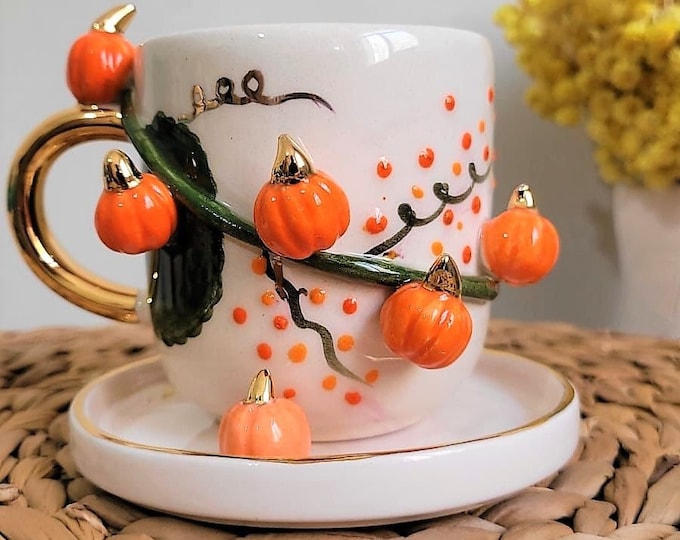 Personized Pumpkin Mug • Halloween Gold Mug • Handmade Autumn Coffee Cup • Fall Cozy Gift for Her, 7 fl oz