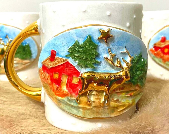 Christmas Mug Reindeer Gold 24k Handmade Holiday Coffee Cup Gift, 13 fl oz