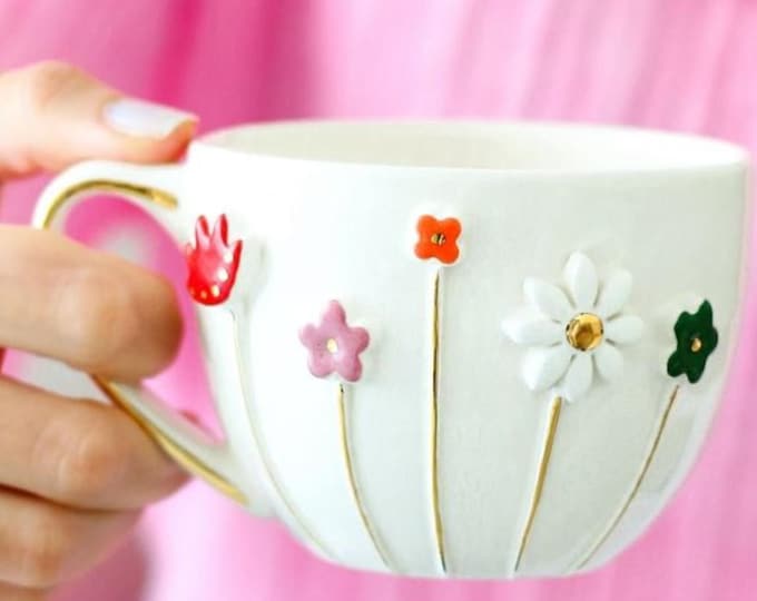 24k gold floral latte mug 12 oz, handmade ceramic large coffee cup, gold handle flower mug, gift for her, gift for mom, ready to ship