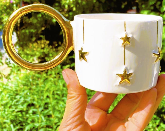 Handmade 24k Gold Star Mug — Christmas Coffee Cup, Elegant Holiday Gift, Modern Ceramic Office & Teacher Present
