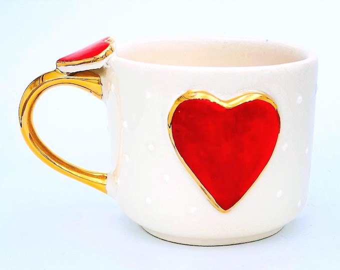 Gold Heart Mug 24k Handmade Love Cup | Romantic Valentines Coffee Mug | Cute Wedding & Anniversary Gift 5.4 oz