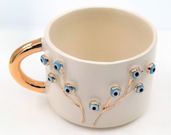 24K Gold, Evil Eye Mug, 6.7 fl oz, 200 ml mug, Handmade Mug, Evil Eye Coffee Mug, Evil Eye Cup, Mug, 3d Mug, Gold Mug, Ceramic Mug, Eye Mug