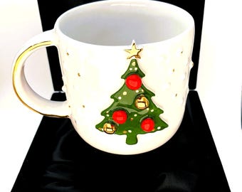 Handmade Stoneware Christmas Mug: 24K Gold Star Tree, 12 oz