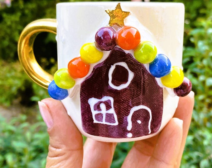 Holiday gingerbread mug gold festive Christmas coffee cup cookie cocoa gift 24k accented, 5 fl oz