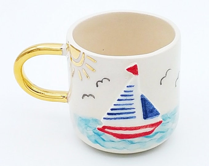 Gold Mug Sailboat Mug Luxury Mug, 24 K Gold Coffee Mug Gift, Gold Handle Luxury Coffee Gold Tea Nautical Housewarming Mug