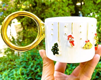 Handmade Christmas Mug: 24K Gold Ceramic Christmas Gifts for Her, 8 oz