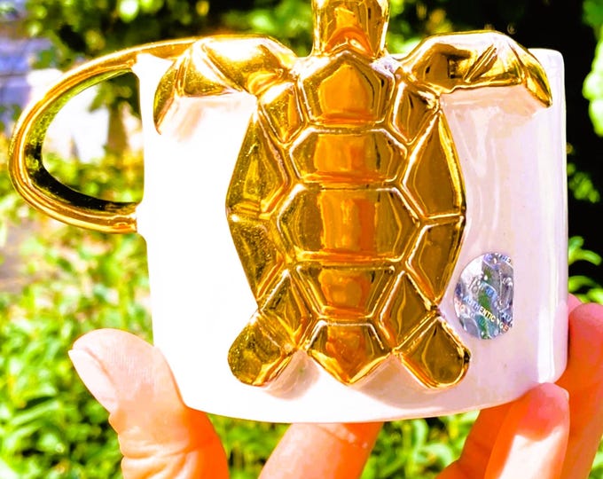 Gold Mug Luxury Coffee Turtle Mug, Gift Mug Gold Coffee Cup 24 K Gold Handle, Ceramic Gold Rim Housewarming Luxury Tea Mug