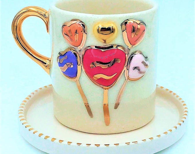 Gold mug heart mug gift mug, luxury gold coffee mug, 24k gold heart cup with gold handle, handmade luxury gift