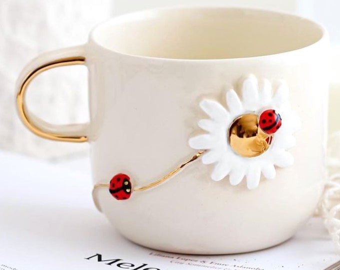 Gold Mug Gift Mug Luxury Mug Gold Coffee Mug 24K Gold Handle Mug Luxury Coffee Gold Tea Mug Luxury Gift Daisy Ladybug Housewarming Cup