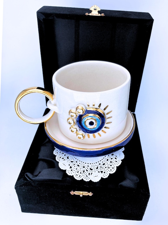 Handmade Evil Eye Coffee Mug: 24K Gold Ceramic Mug, 10 oz