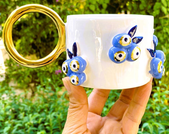 Gold Mug Evil Eye Mug Gift Mug, Luxury Mug Gold Coffee Mug 24 K Gold Handle, Luxury Coffee Mug Evil Eye Cup Good Luck Mug