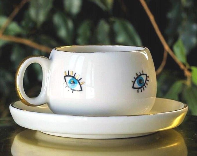 Evil eye mug, Evil Eye Cup, Evil Eye Coffee Mug, Velvet Gift Box Gold Mug, Evil Eye Coffee Cup, Eye Mug, 24k gold mug, ready to ship