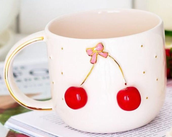 Gold Mug Cherry Mug Gift Mug, Luxury Mug Gold Coffee 24 K Gold Handle, Luxury Coffee Mug Gold Tea Cherry Cup, 10 fl oz