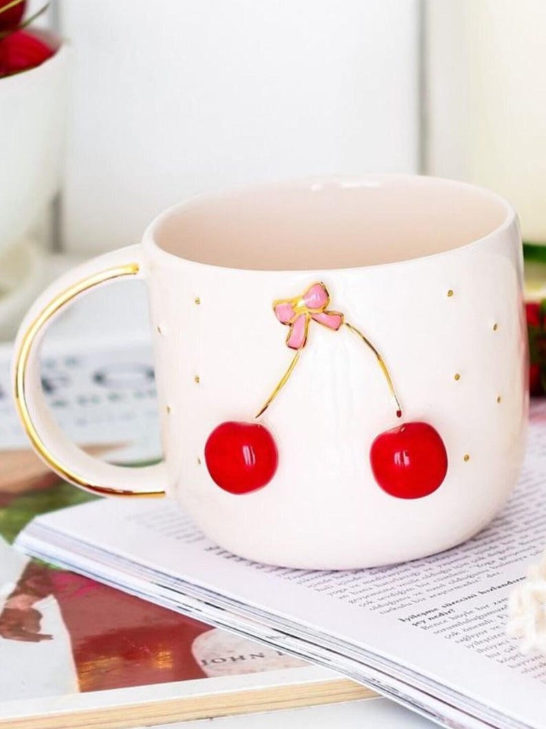 Velvet Box Cherry Mug: 24K Gold Accents, Luxury Coffee Cup image 3
