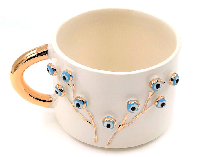 Evil Eye Mug • Handmade Ceramic Coffee Cup with 24k Gold Accents • Spiritual Boho Gift • Protective Drinkware 12 oz